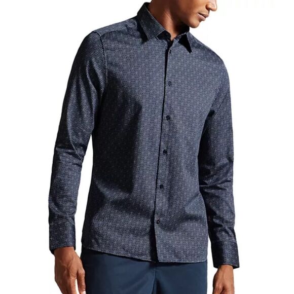 NWT New Ted Baker Men's Navy Blue Pavia Star Geo Long Sleeve Shirt Slim XS TB 1 - Picture 1 of 9